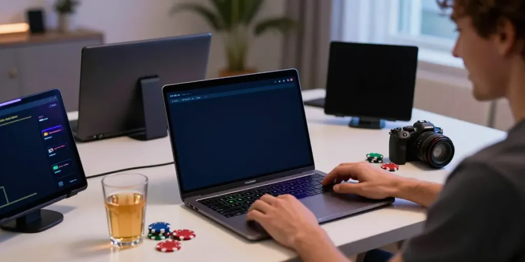 Joueur joyeux sur un Casino sans Dépôt, profitant de jeux de roulette en ligne.