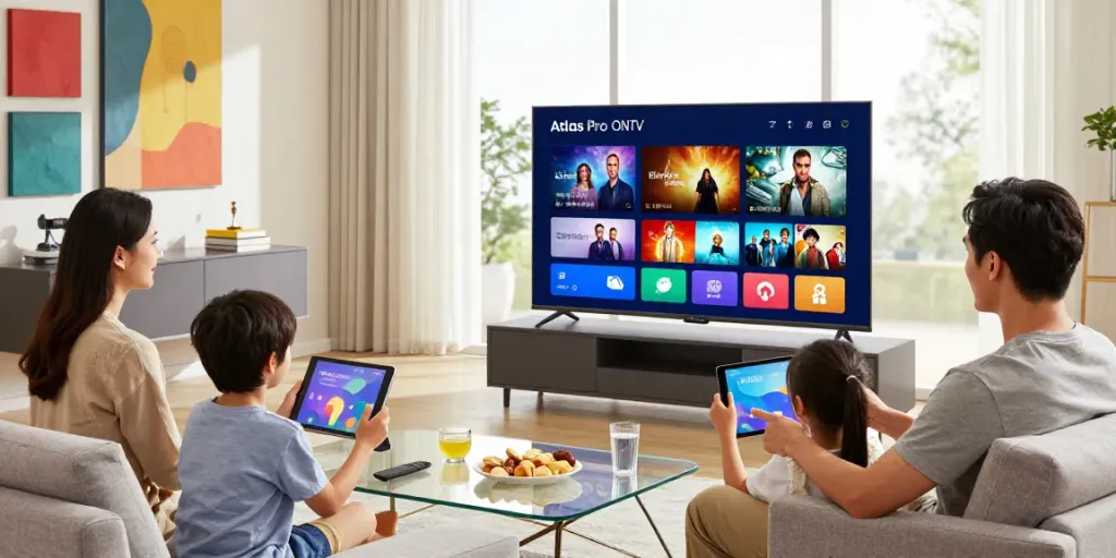 Famille utilisant l'application Atlas Pro pour regarder des chaînes TV en direct dans un salon moderne.