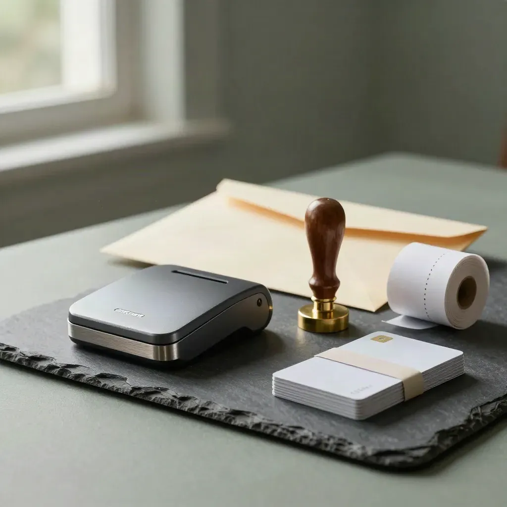 Lecteur de carte, enveloppes de facture, tampon et rouleau de reçu sur socle en ardoise.