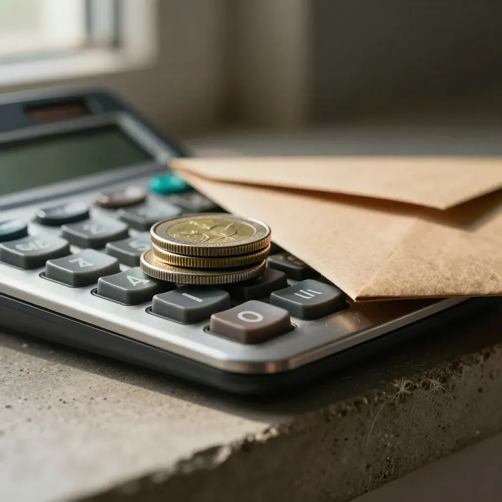 Gros plan d’une calculatrice, d’un plateau à pièces et d’une enveloppe kraft sur fond sombre.