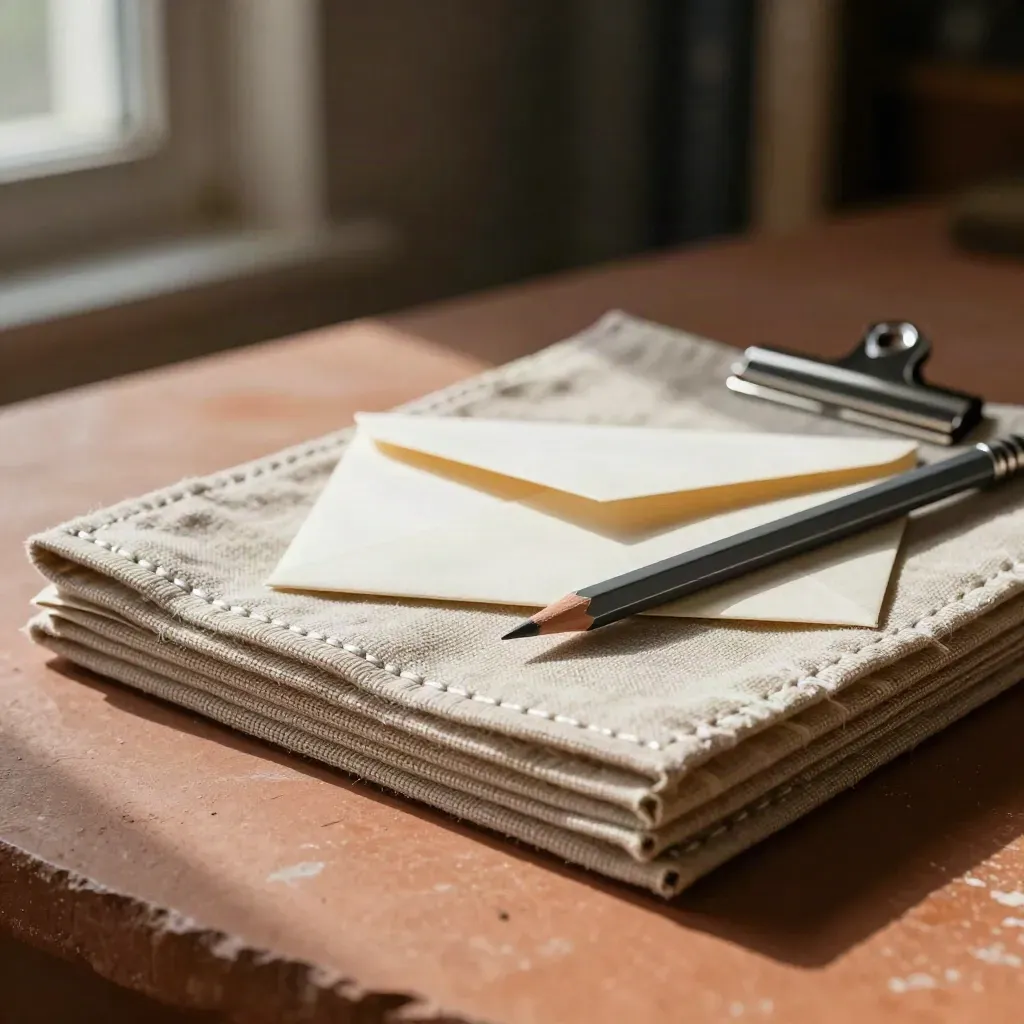 Folder en lin, clips métalliques et enveloppe scellée sur pierre terracotta, vue de dessus.