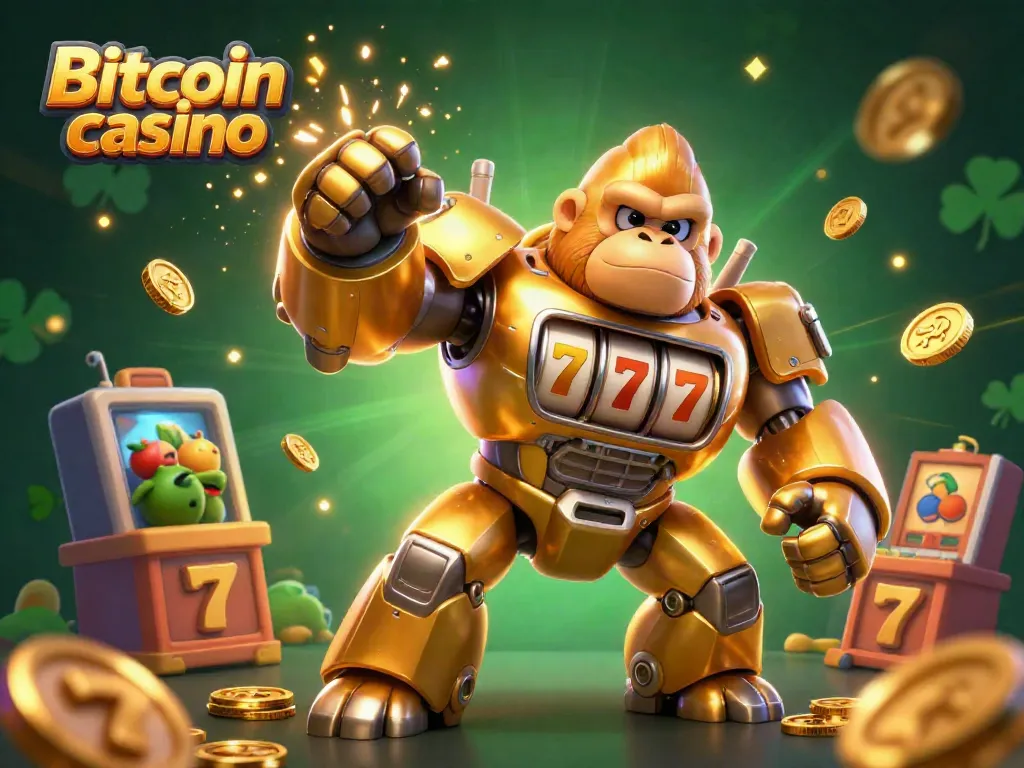 Jouez au Bitcoin casino avec une illustration dynamique de gorille robot en 3D, entouré de jeux de machines à sous.