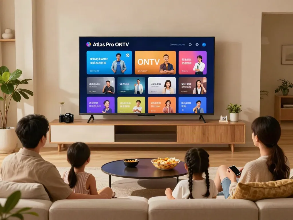 Téléchargez l'application Atlas Pro ONTV et profitez de la télévision en famille dans un salon moderne.