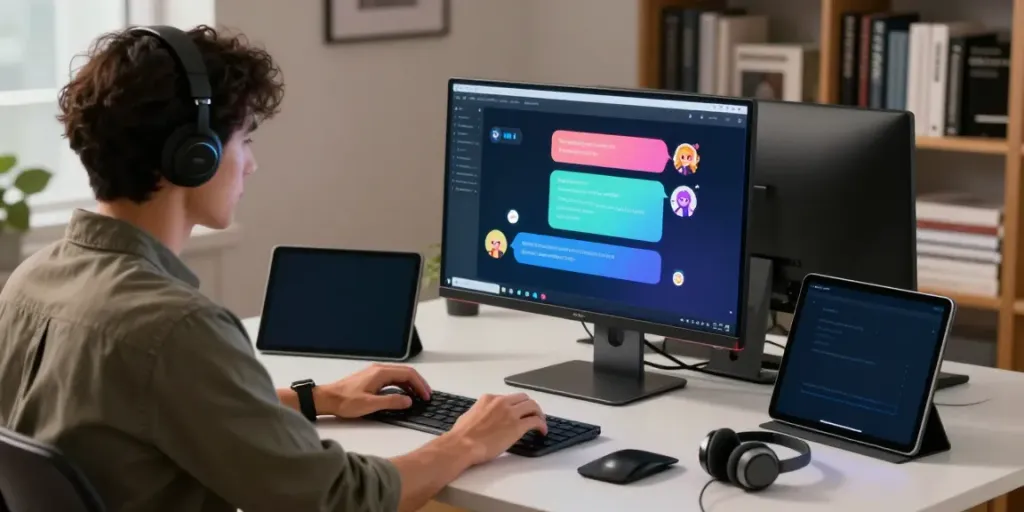 Professional engaging with crushon.ai chatbot on desktop, modern workspace lighting
